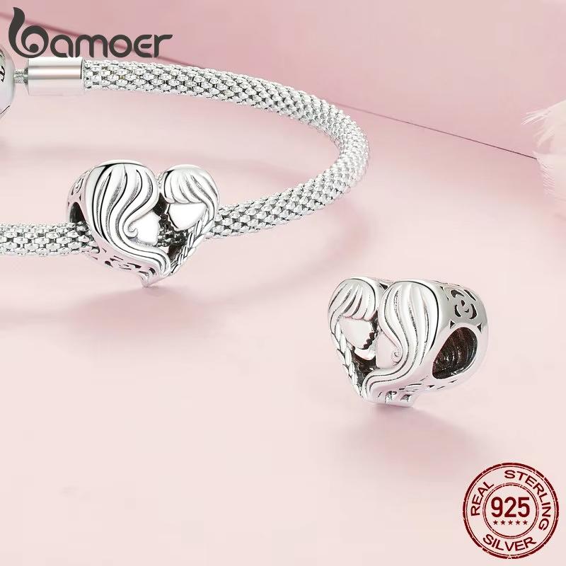 BAMOER 925 Silver Mother & Daughter Bead Affinity Heart Charm for Women Bracelet Bangle DIY Mother's Day Gift BSC687
