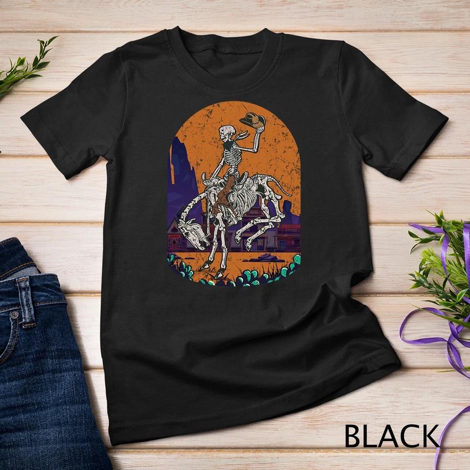 Western Country Cowgirl Cowboy Skeleton Halloween Spooky Unisex T-shirt 2 4XL