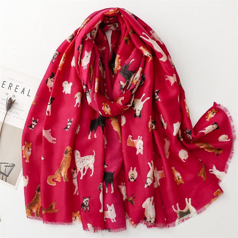 Lovely Animal Dachshund Pattern Viscose Scarf Cute Breathable Fringe Shawl Casual Travel Inelastic Outerwear Long Shawl 180*85Cm