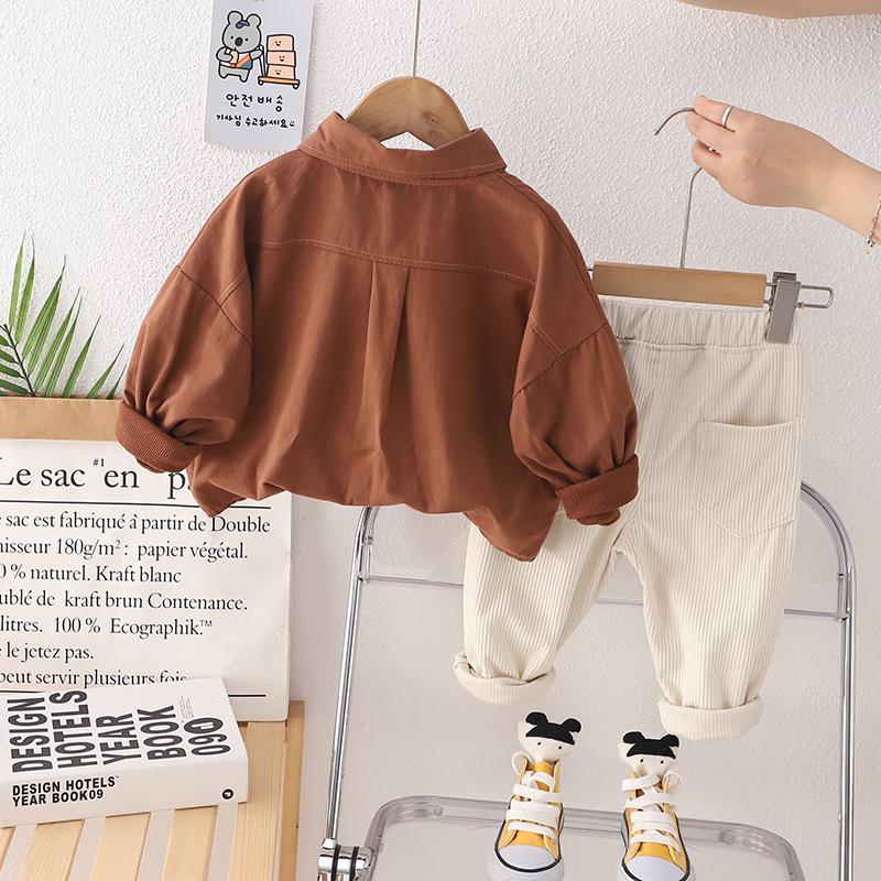 Boys' Autumn Corduroy Pants & Shirt Set - Solid Color, Long Sleeve, Casual Two-Piece