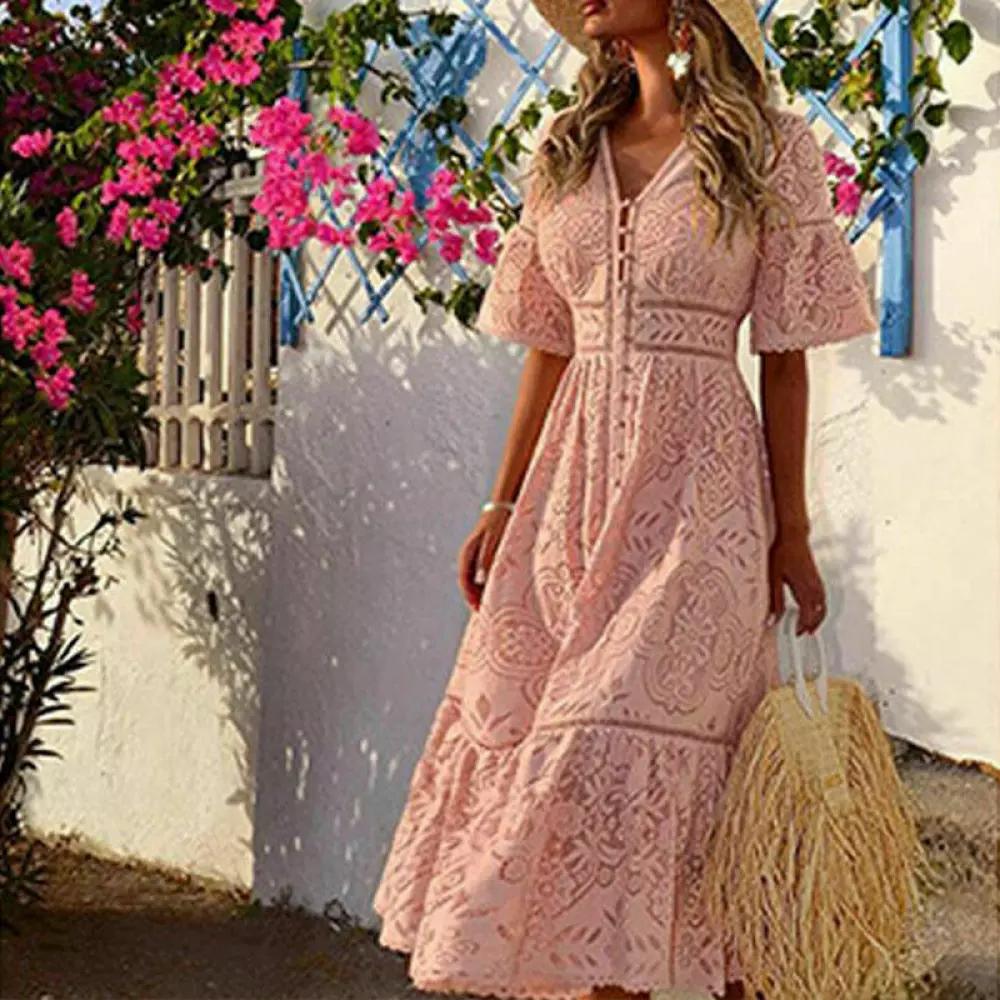 Dámské boho krajkové maxi šaty s výstřihem do V Letní prázdninové plážové ležérní dlouhé letní šaty