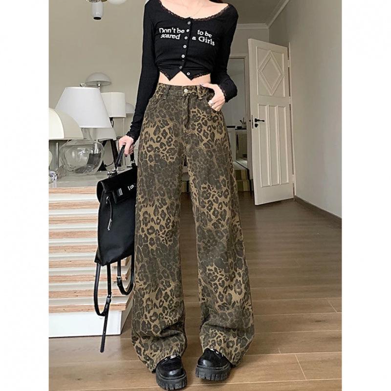 Damen Jeans mit hohem Bund im Retro-Leopardenmuster und weitem Bein für Frühling/Sommer 2025