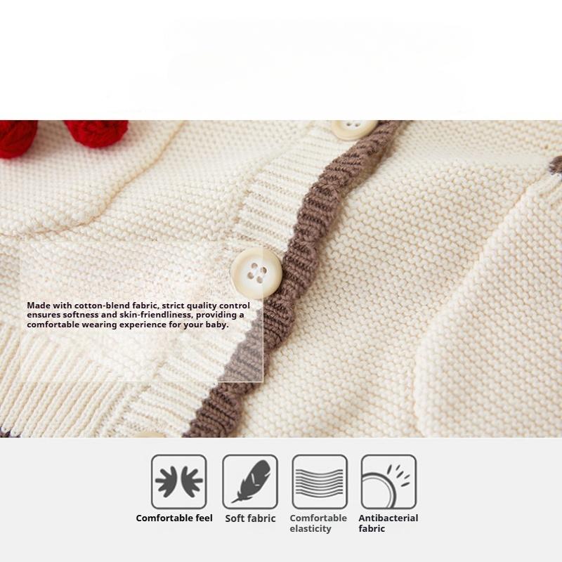 Spring and Autumn Contrast Color Round Neck Small and Medium Children's Knitted Cardigan Jacket Long Sleeve Pure Cotton Cherry Girl Sweater Cardigan