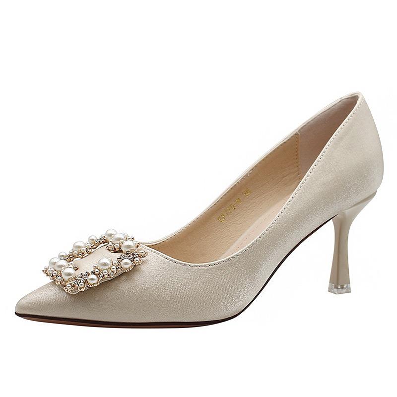 7-High heels new pointed tip stiletto high heels wedding shoes women's rhinestone square buckle Xiuhe shoes crystal