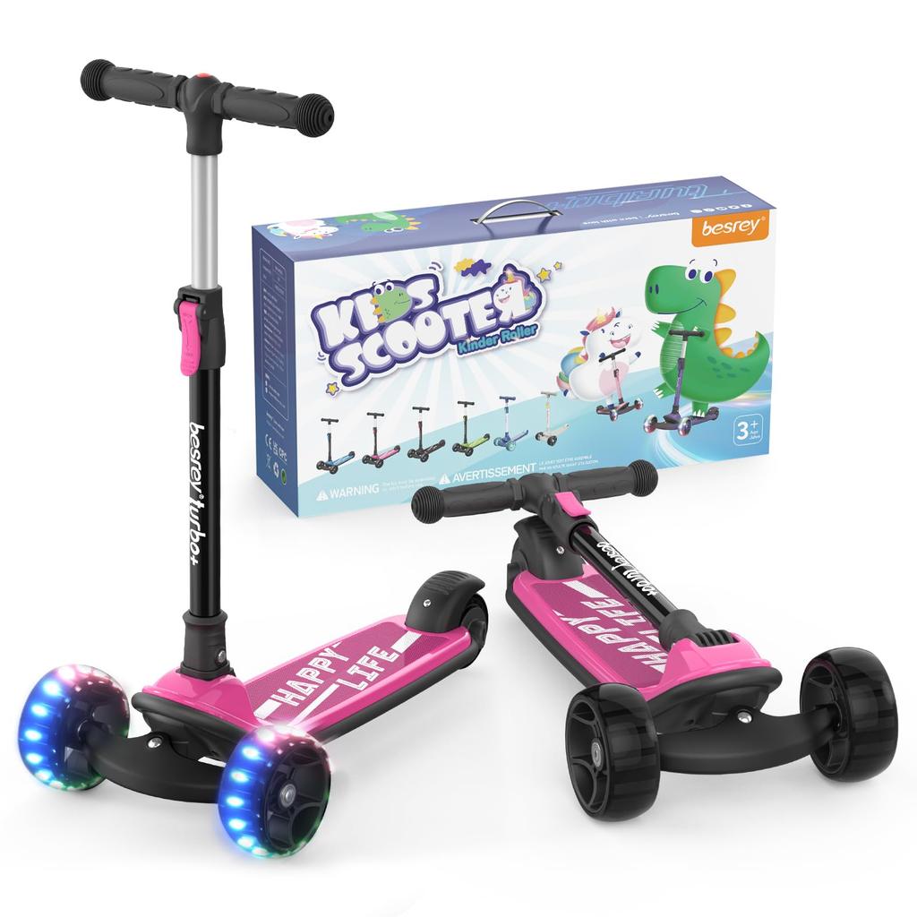 besrey Kick Kickboard for Kids 3 Wheel 3 Level Direction Rear Wheel Height Illuminated LED Easy to Birthday Pink Scooter, Kids, Scooter, Tricycle,