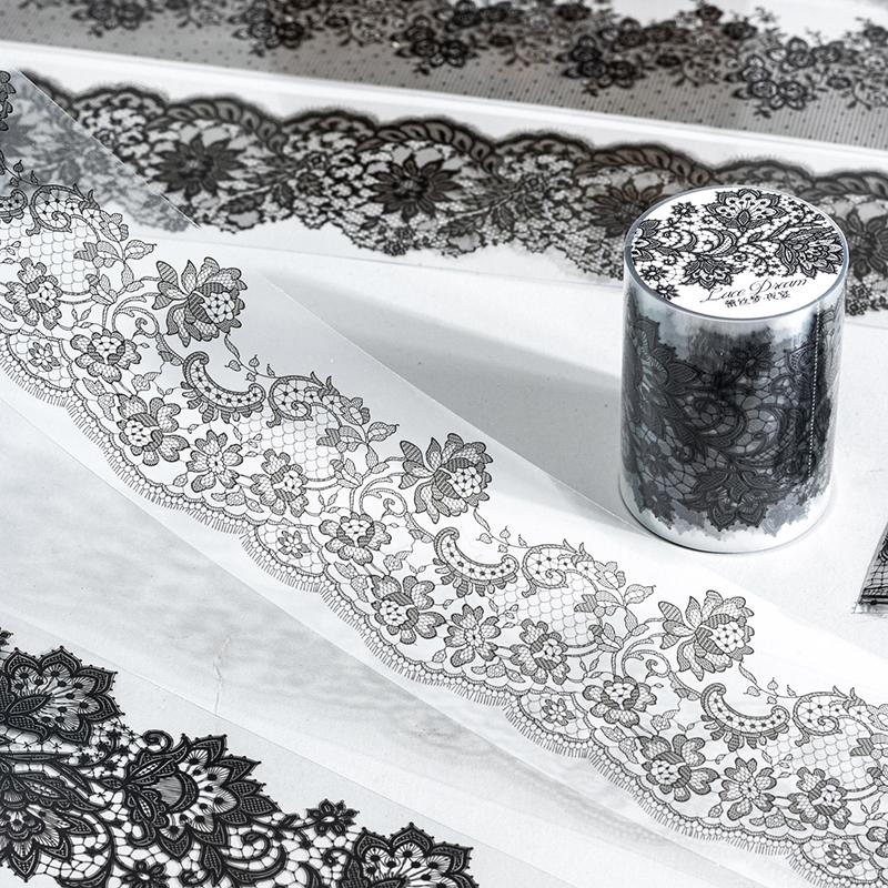 55mm*2m Black White Lace PET Tapes DIY Scrapbooking Junk Journal Aesthetics Decor Diary Collage Masking Tape Stationery Supplies