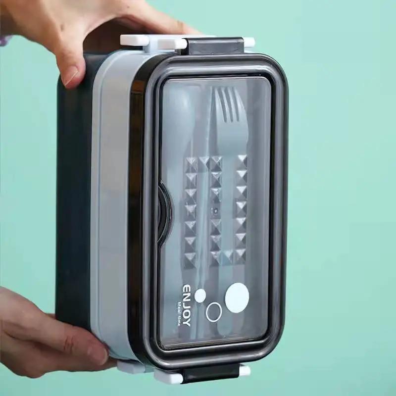 1PC 1400ml Double-layer Lunch Box Portable Compartment Food Box Microwave Lunch Box With Fork Chopsticks And Spoon Picnic Fresh