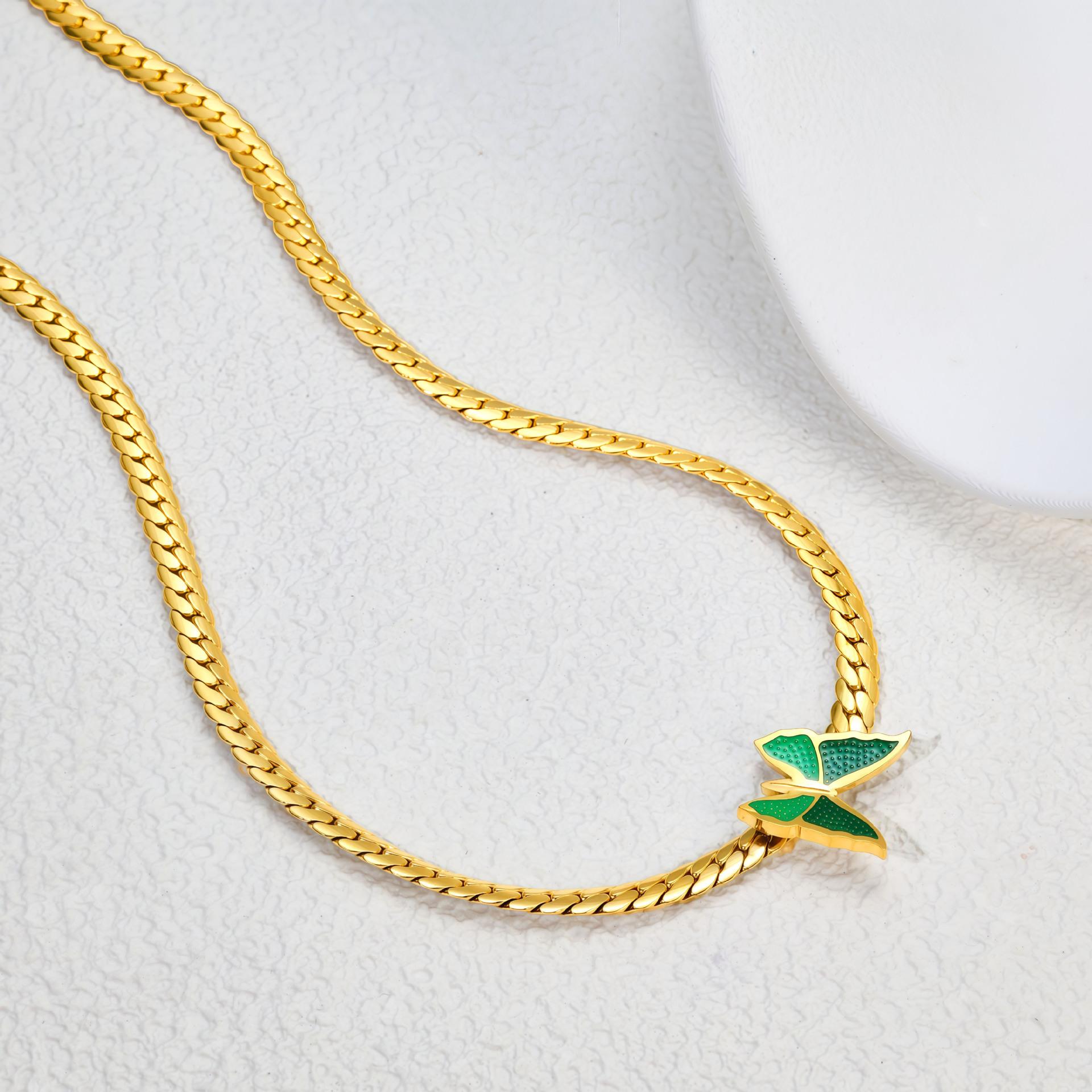 Vintage Green Butterfly Neck Chain Titanium Steel Cuban Necklace Female Choker Does Not Fade