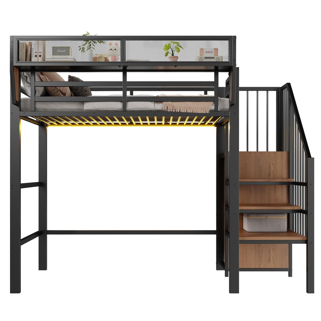 Letto Alto 90x200 con Striscia LED, Scala di Sicurezza e Spazio di Archiviazione Flessibile Letto in Metallo Letto per Adulti Letto a Castello per Bambini Nero