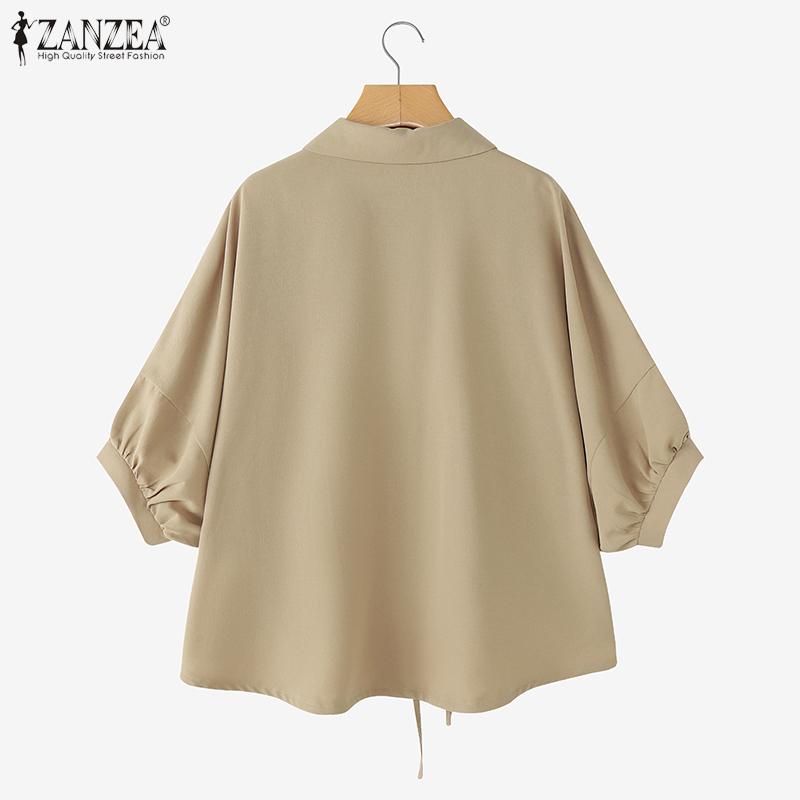 ZANZEA Women Summer Turn Down Collar Loose Asymmetrical Half Sleeve Blouse