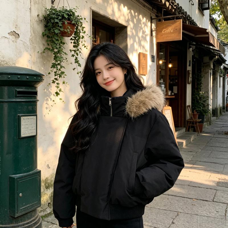 New Hooded Versatile Down Cotton-padded Women's Winter Warm Big Fur Collar Short Thickened Cotton-padded Jacket Women's Jacket