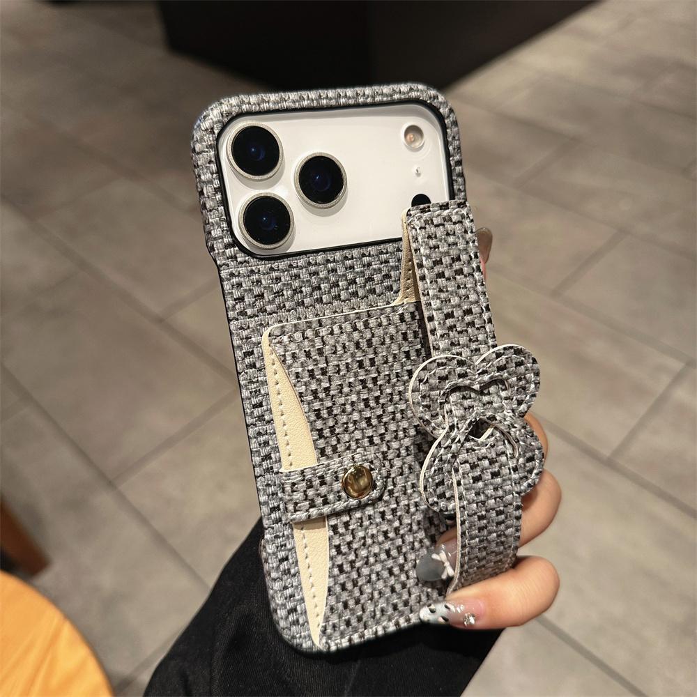 Elegant Stylish Heart Bow Wrist Strap Card Holder Phone Case for iPhone 17 Pro Max 16 15 14 13 Tweed Texture Protective Cover