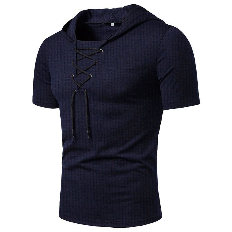 

Fashion Men Casual Sports Tether Short Sleeve Loose Breathable Mesh Hooded T-shirt Trendy Men s T-shirt Navy blue 3XL