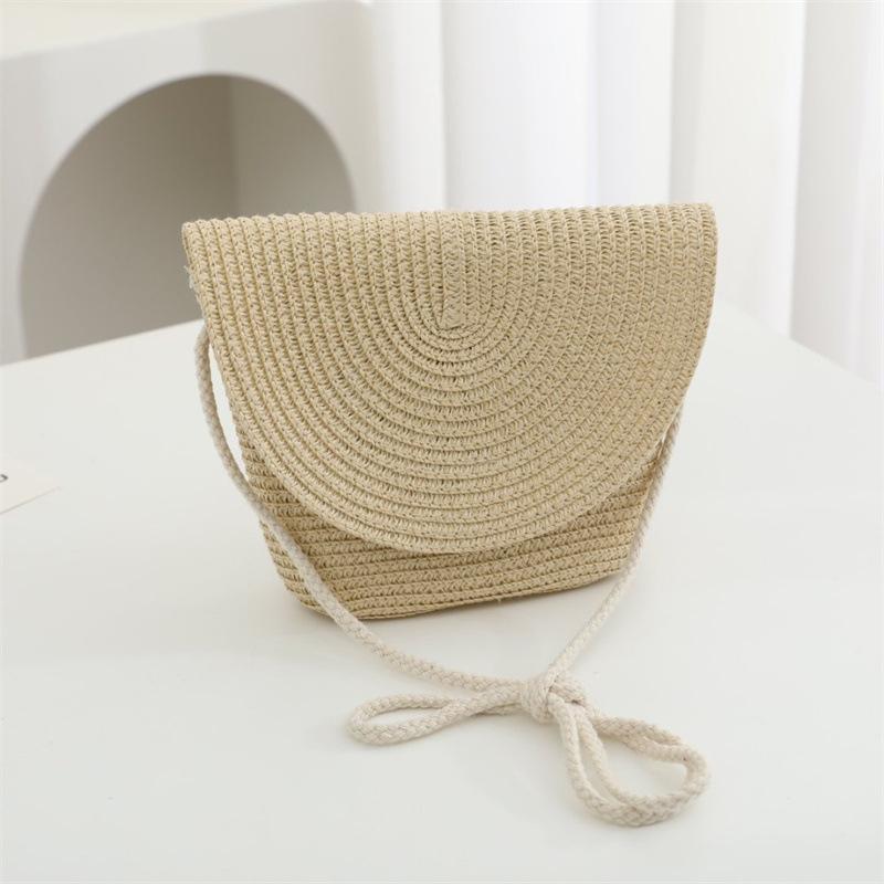 Summer Solid Color Straw Bag Shoulder Messenger Round Bag Children Versatile Outing Beach Bag Light Board DIY Round Weaving