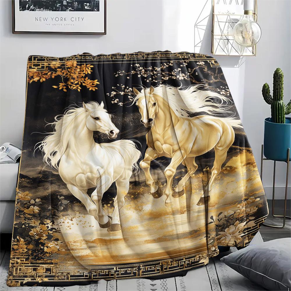 1Pc Horses Painting Print Flannel Blanket, High Quality Comfortable for All Seasons, Home Decor, Warmth and Comfort, Perfect for Christmas Gifts