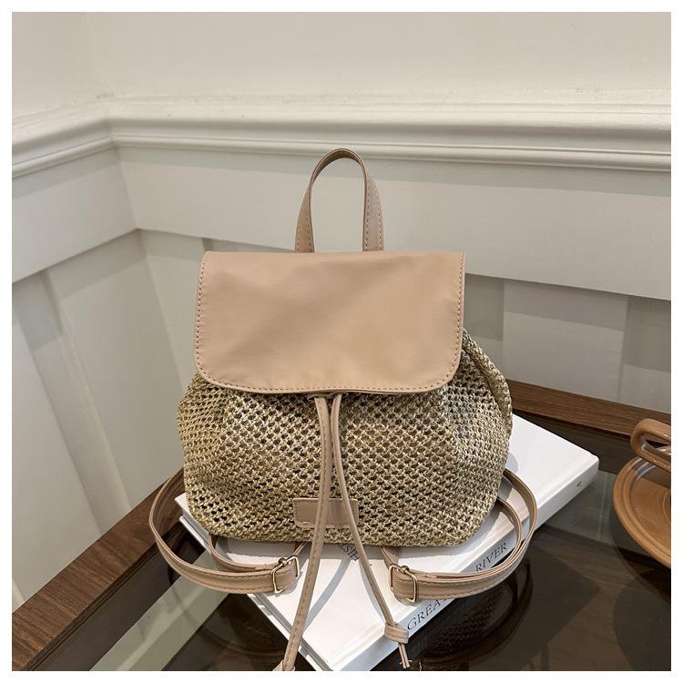 2024 Casual New Fashion Summer Foreign Style Design Straw Weaving Leisure Travel Double Shoulder Small Backpack Bag Women