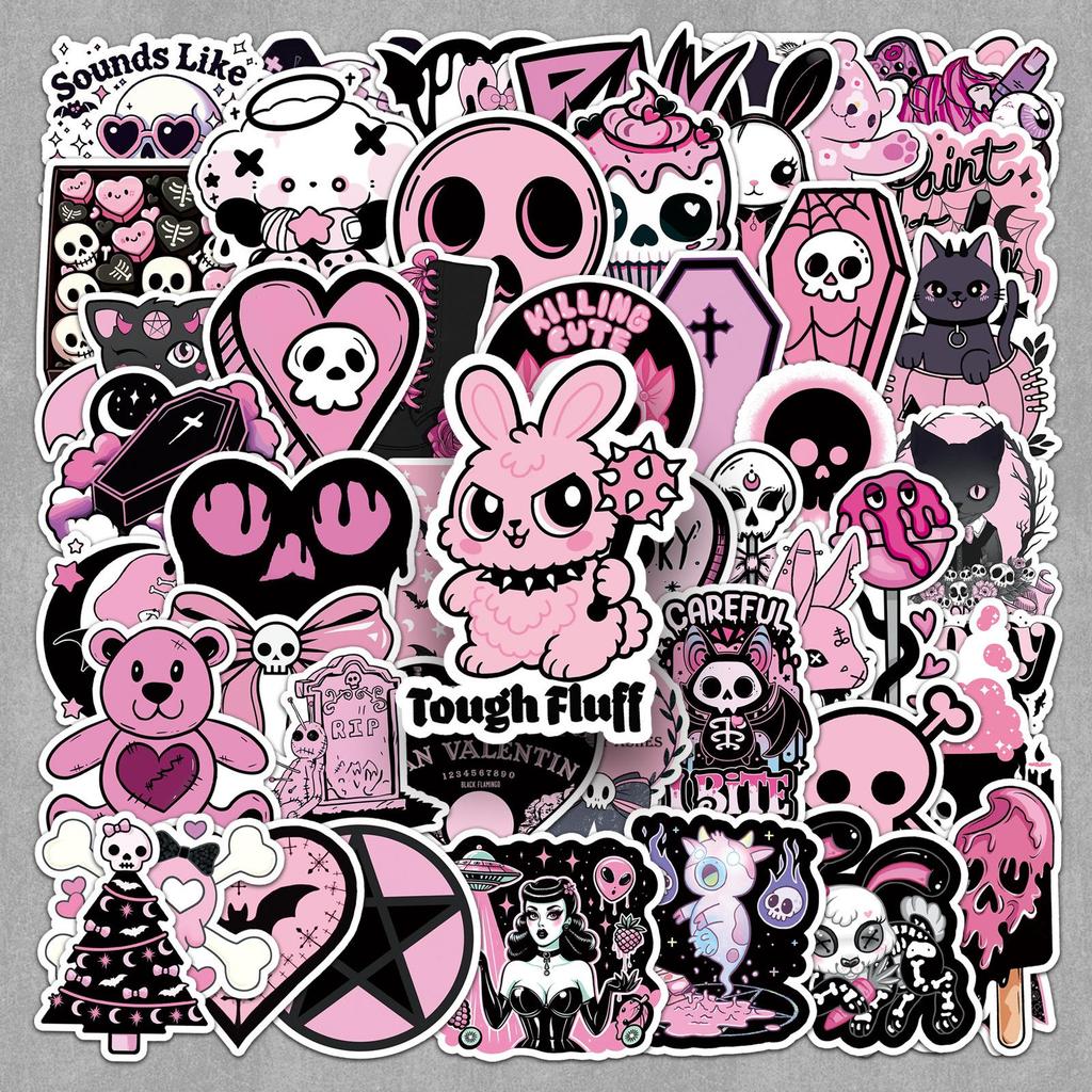 50 Pcs Black Pink Gothic Trendy Waterproof Stickers for Guitar, Fridge, Earphones