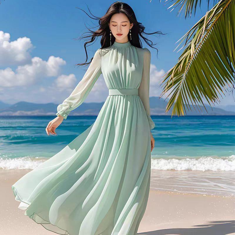 Elegant Women's Purple Long Sleeve Spring-Autumn Seaside Vacation Dress with Waist-Cinched Wide Hem, 2025 New Style.