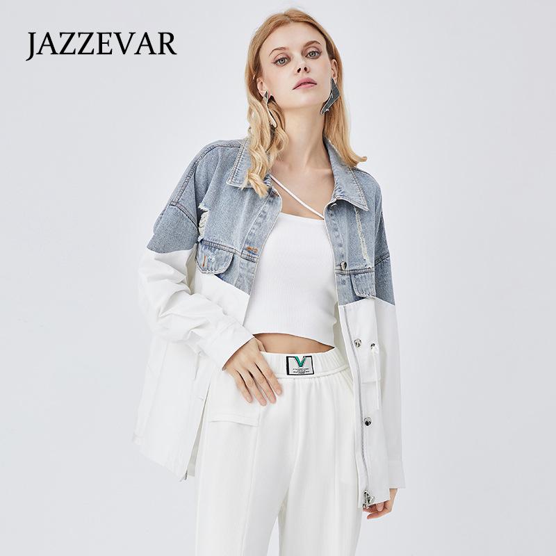 

JAZZEVAR, новинка 2022 года, модное джинсовое пальто средней длины, женская повседневная рабочая одежда, свободный модный верх