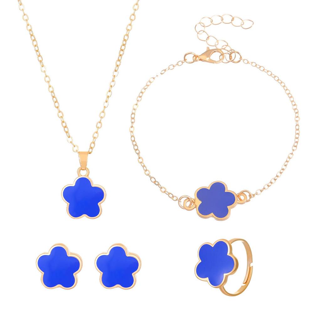 Women's Korean Five-Leaf Clover Jewelry Set: Simple Petal Necklace, Five-Leaf Flower Bracelet, Ring, Earrings (4-Piece Set)