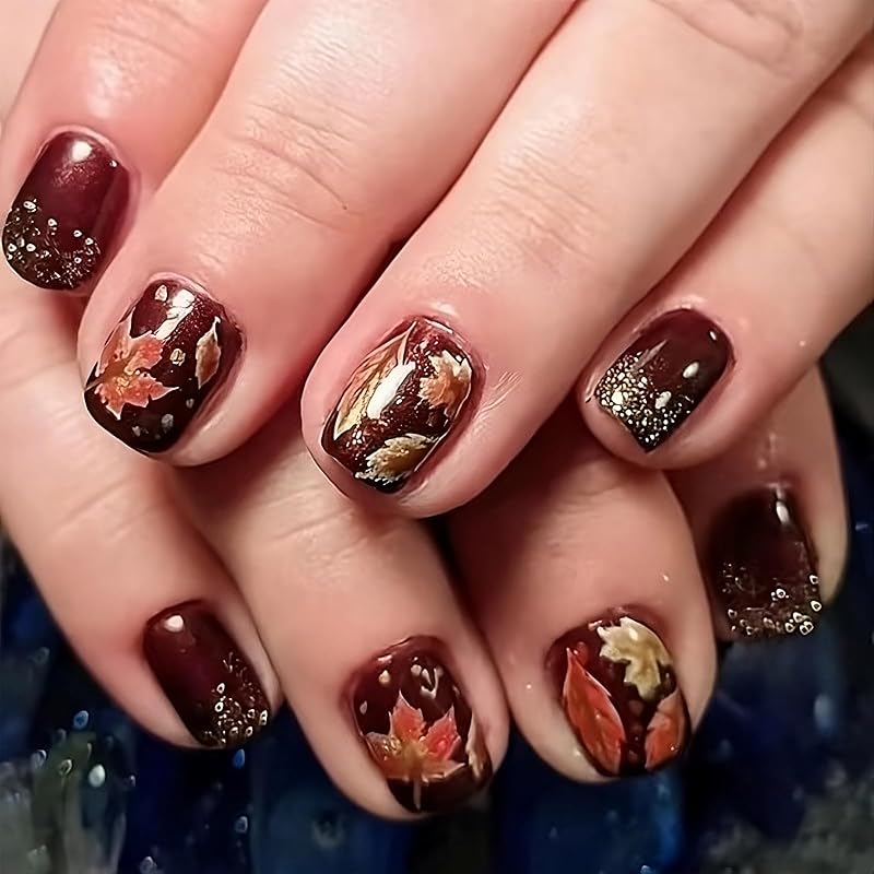 Christmas Press on Medium Square Fake Nails With Black Snowflakes Design - Glossy Glue on Winter Xmas Full Cover Acrylic Artificial Bling Gold