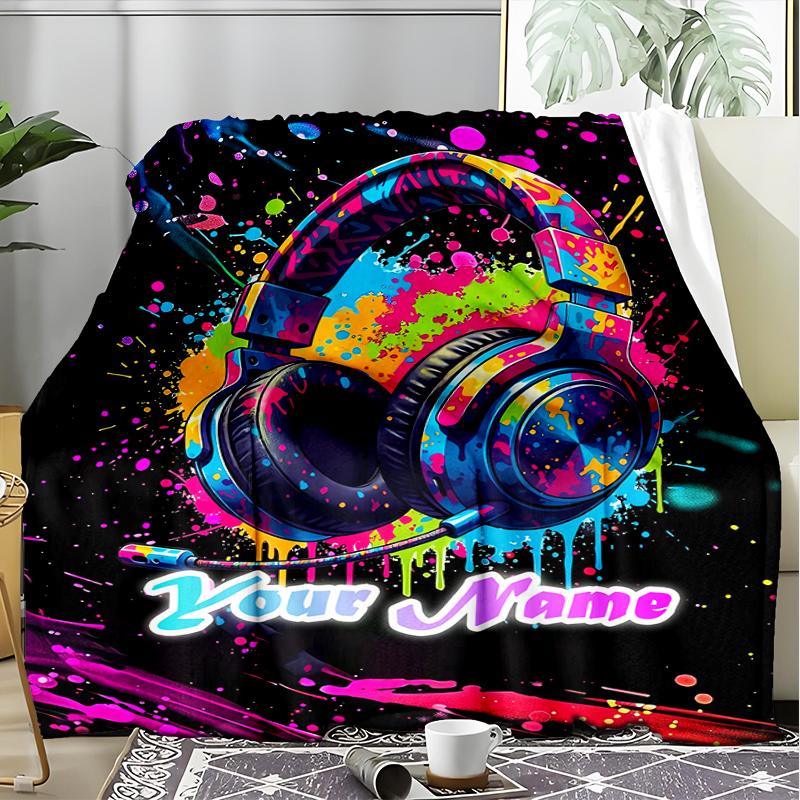 1PC Custom Name Music Headphones Artwork outdooor Flannel blankets Patterns Throw Blanket All-Season Soft Gift for Couch, Bed, Camping gifts