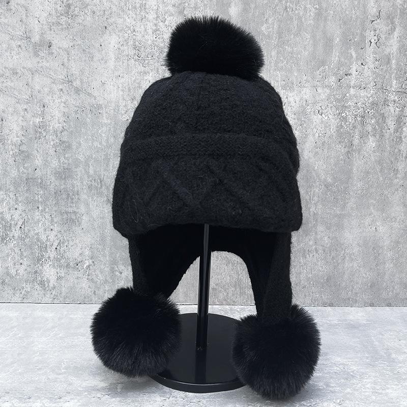 

Wool Knitted Hat Women S Warm Ear Protection Wool Hat Cute Versatile Face Small Pullover Hat m (56-58cm) - three pom poms