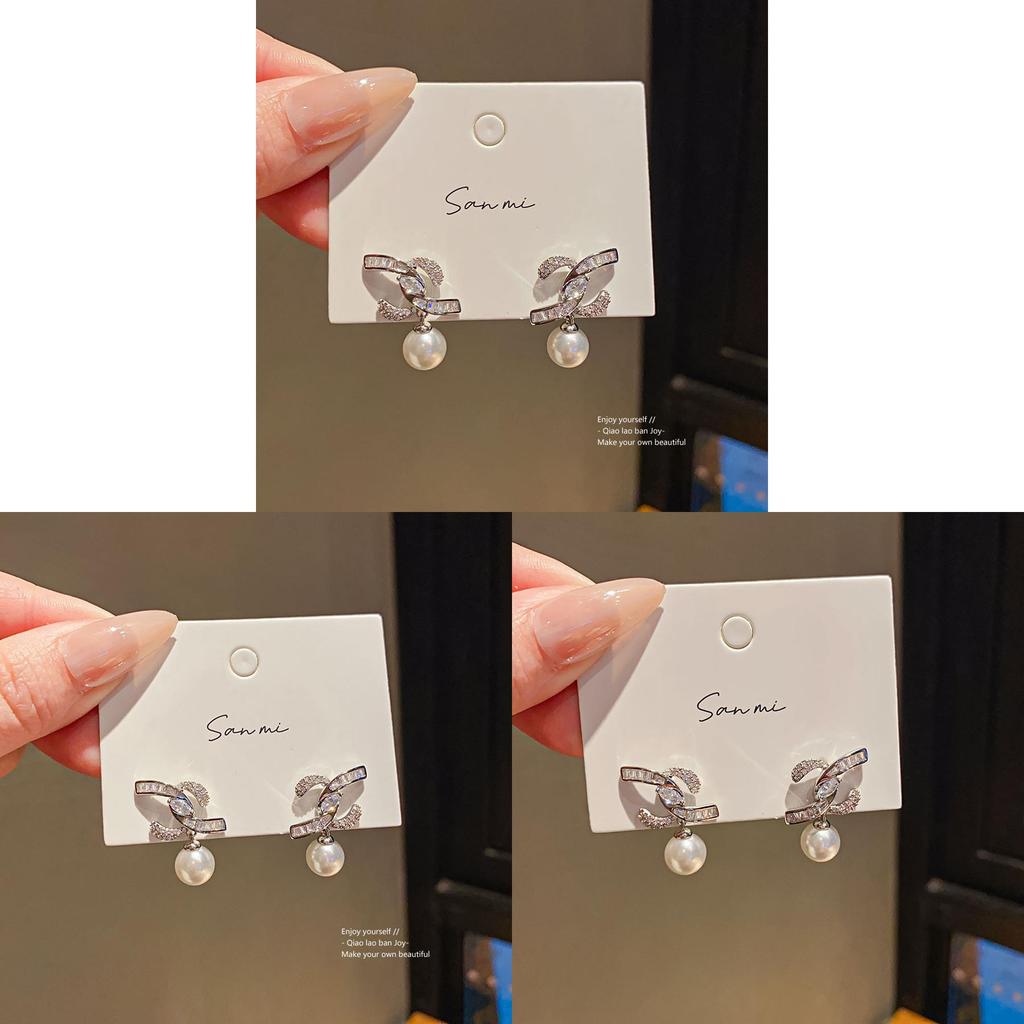 Geometric Zircon Pearl Stud Earrings With Silver Needle Finish For Women