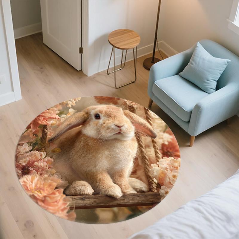 Rabbit and Flowers pattern round rug,Carpet Rug for Living Room Bedroom Sofa Playroom Decor,Non-slip Floor Mat,Holiday Gifts and Birthday Gifts