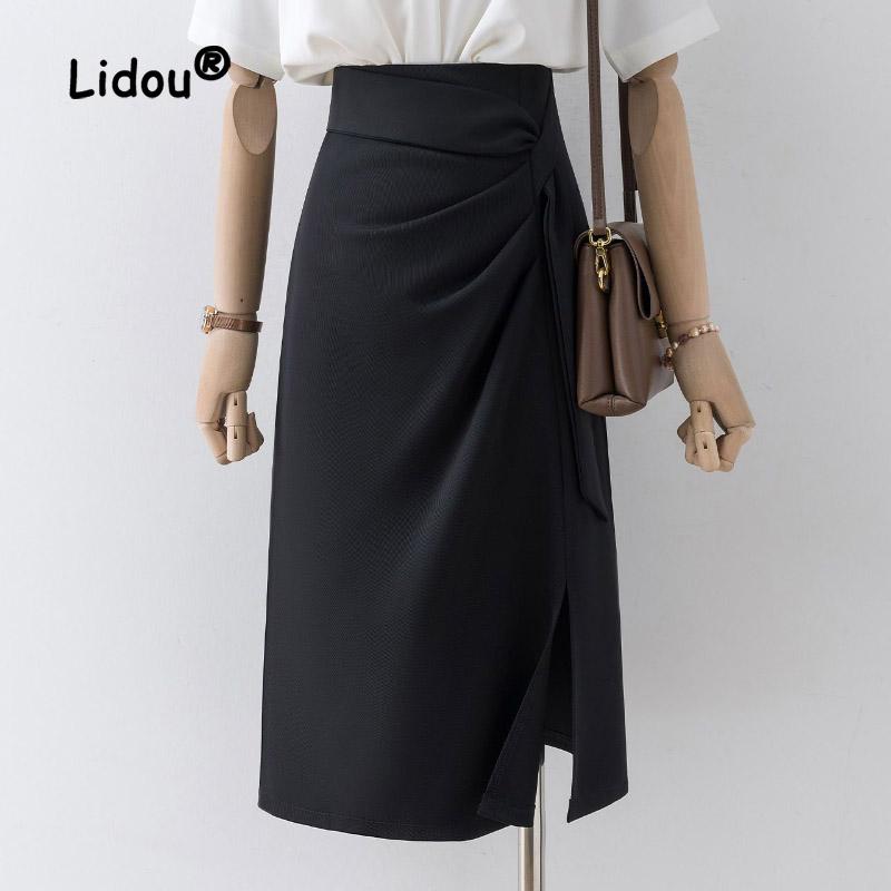 

Черная юбка-карандаш женская новая с высокой талией, облегающая, средней длины с разрезом, офисный темперамент, универсальный стиль M чёрный