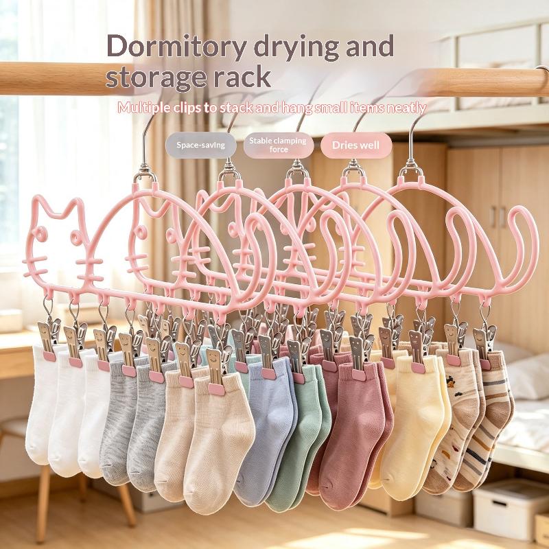 Cat Shape Clothes Drying Rack 8 Clips Capacity Windproof Waterproof Metal Hanger Balcony Sock Drying