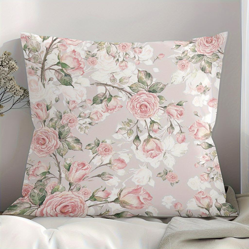 1Pc Pink Rose Floral Pillow Cover, Polyester 2D Double Sided Print Cushion Case, Romantic Watercolor Flower Throw Pillowcase, Sw