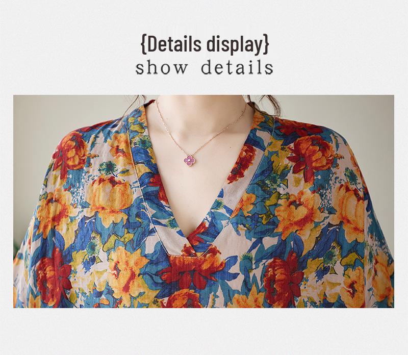 2024 Summer V-Neck Cotton & Linen Loose Retro Beach Dress for Women - Plus Size, Slimming, Long Robe Style