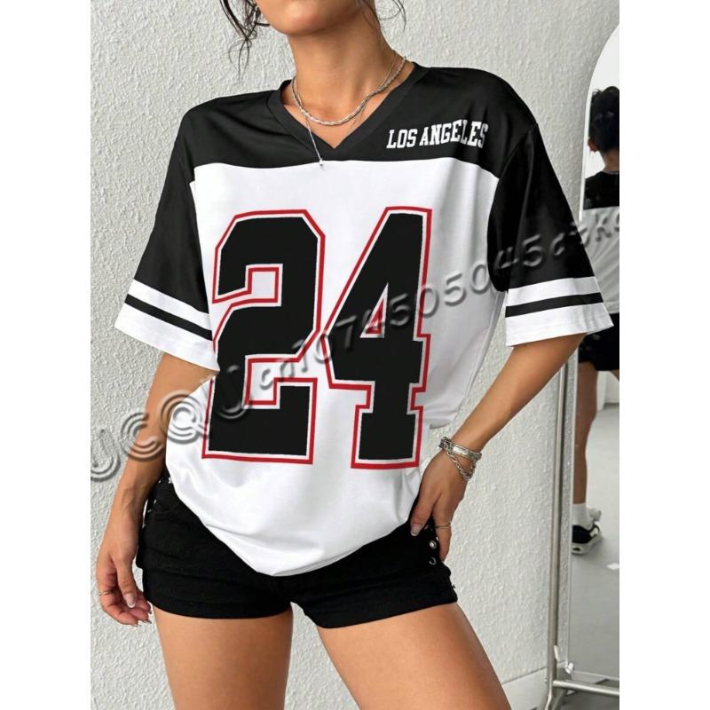 3 Color Women Los Angeles Number 24 Print V-Neck Short Sleeve T-Shirt Summer Tee Baseball Jerseys Stripe Plus Size Sport T-Shirt