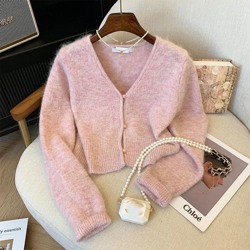 Sweet V-neck Knitted Cardigan Women's Autumn and Winter Short Sweater Jacket Top