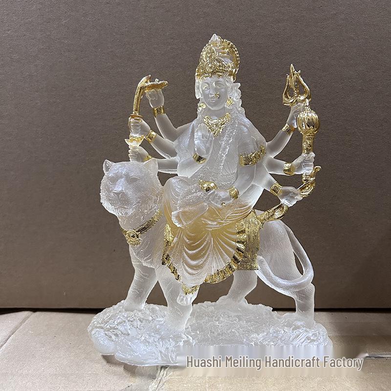 

Resin Water Glazed Durga Statue: Mother Goddess Riding Tiger 20cm High