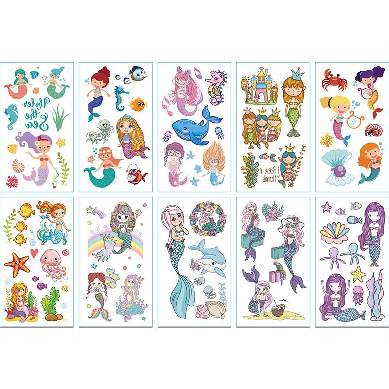 10Sheets/lot Children Cute Cartoon Unicorn Temporary Tattoo Stickers Baby Shower Kids Body Makeup Sticker Tattoos Mermaid Party