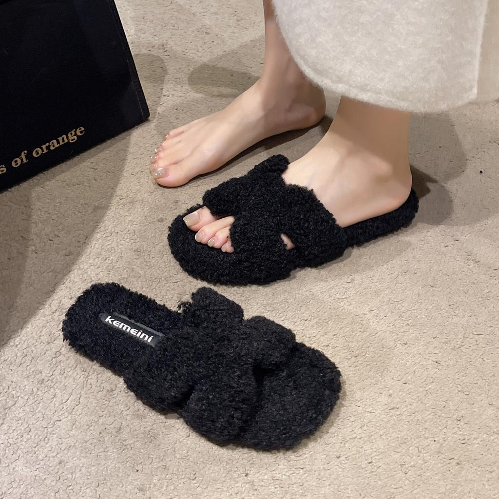 Large Size Women's Shoes 41-43 Fat Feet Small Fragrant Flat-bottomed Fluffy Slippers Women's Autumn and Winter Wear Comfortable Soft Sole One-word Cot