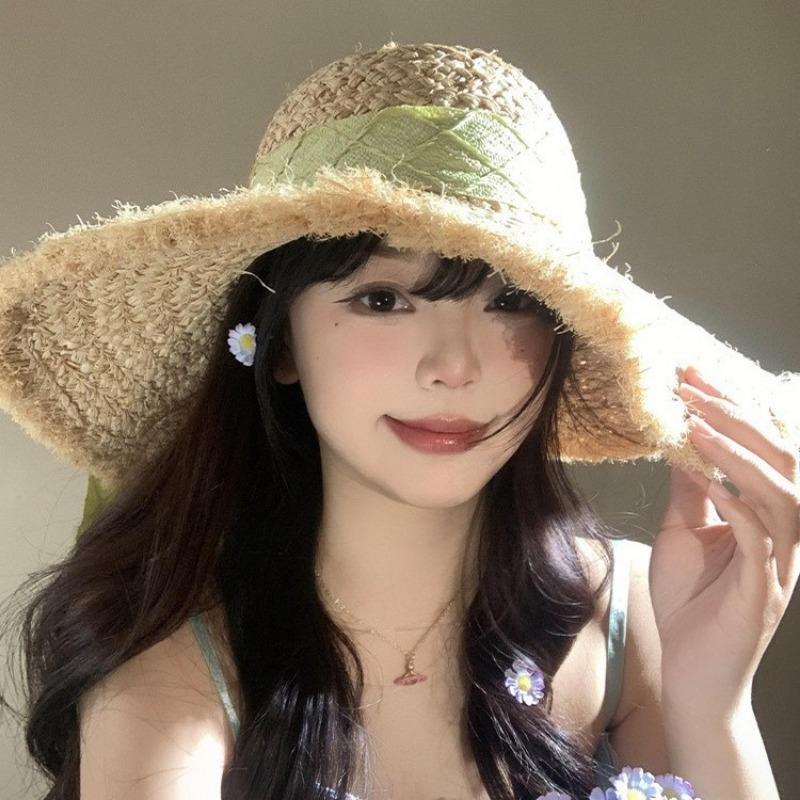 Bow Lafite straw hat women's summer big brim sunshade sunscreen hat seaside beach vacation woven hat