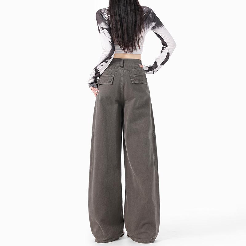 Women's High Waist Cargo Jeans Wide Leg Flare Jeans No Stretch Denim Pants Streetwear Pocket Trousers