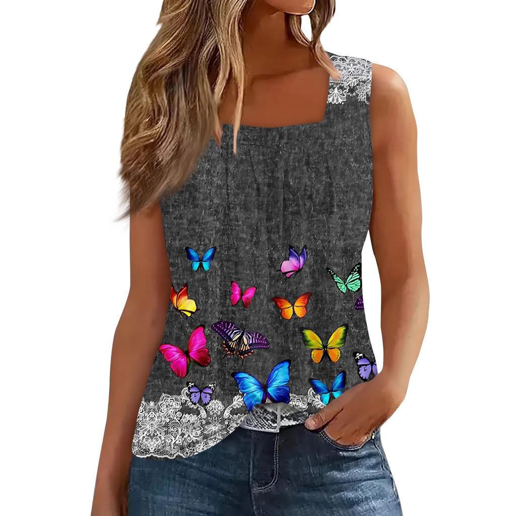 Women's Fashion Casual Pleated Square Collar Sleeveless Vest Print Summer T-shirt