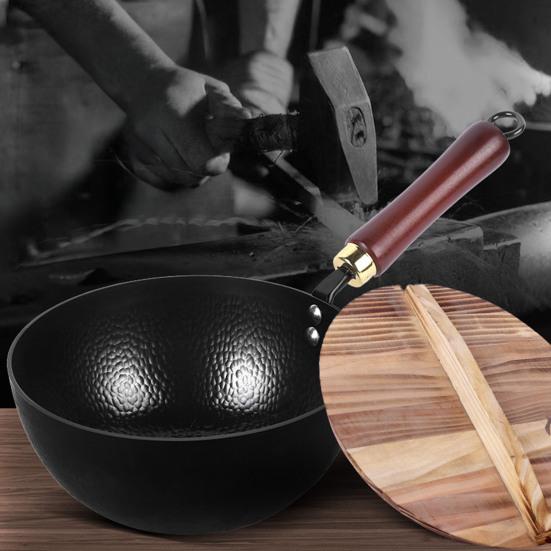 Hammered Texture Mini Iron Wok Coating-Free Frying Pan Non-Stick Flat Bottom Pan for Electric Induction Gas Stoves