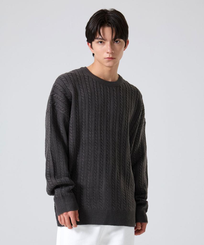 AGOD Crew Neck Oversized Cable Sweater Knit [Charcoal]