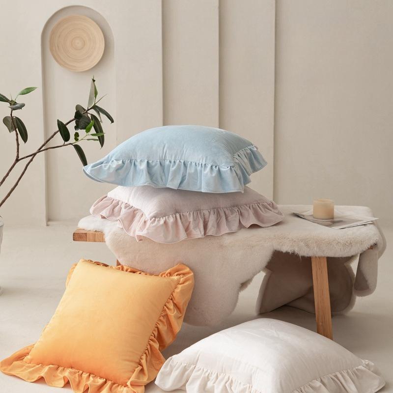 Solid Color Velvet Pillow Covers Minimalist Lace Trim Cushion Cases Elegant Ruffled Throw Pillowcase Plush Sofa Cushion Covers