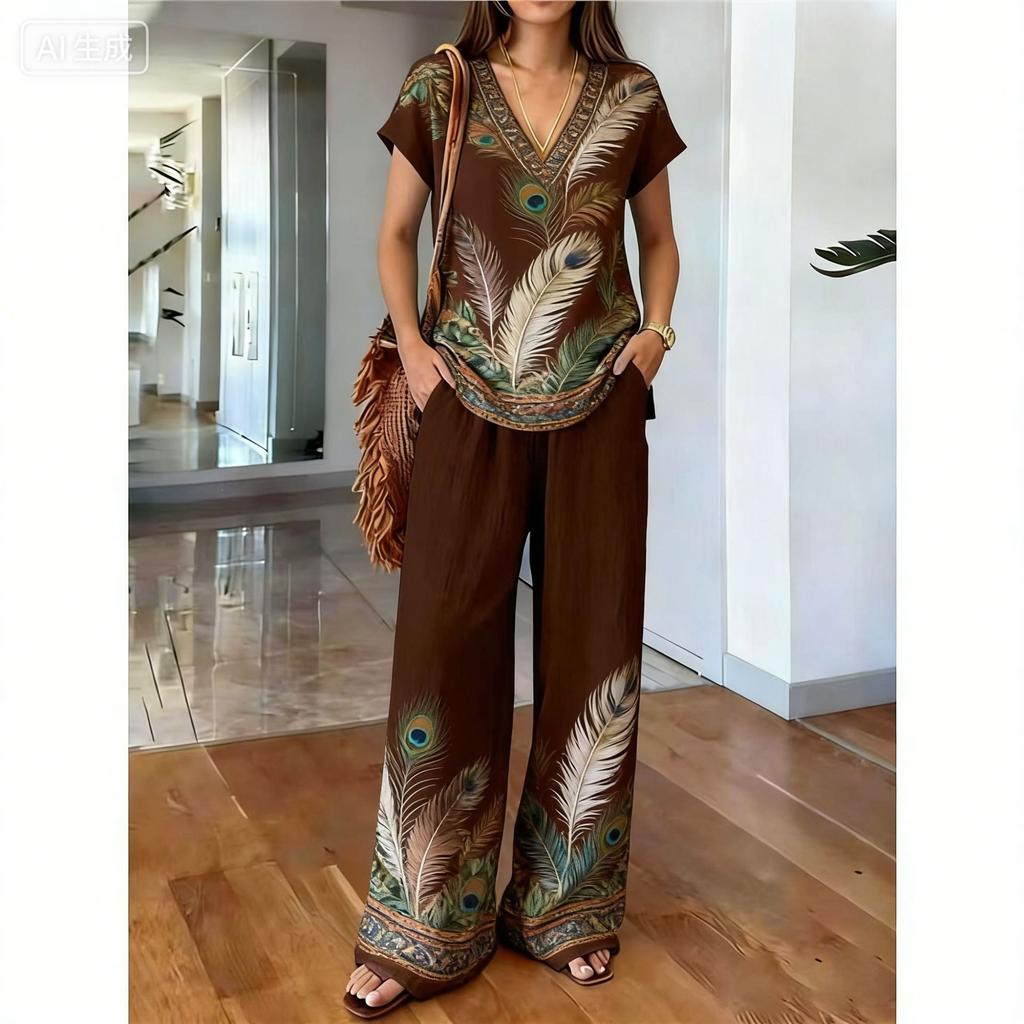 1116 New Light Luxury European and American Style Printed Two-piece Set, Printed Top, Comfortable Elastic Wide-leg Pants Women's Suit
