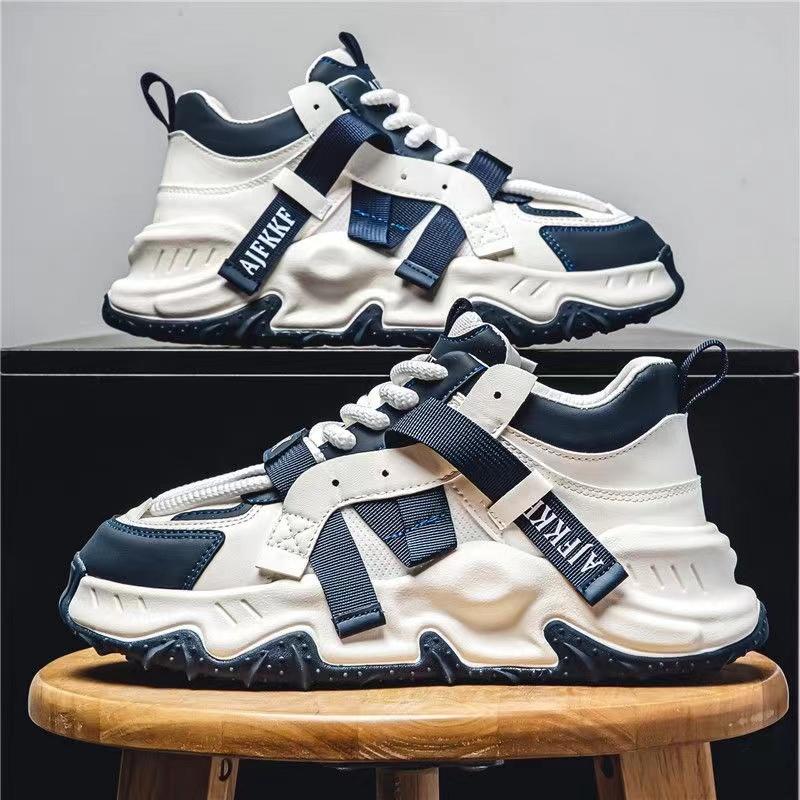 Fashion Chunky Sneakers Men Soft Sole Running Shoes Fashion Casual Leather Color Block Design Breathable Height Increased Platform Shoes