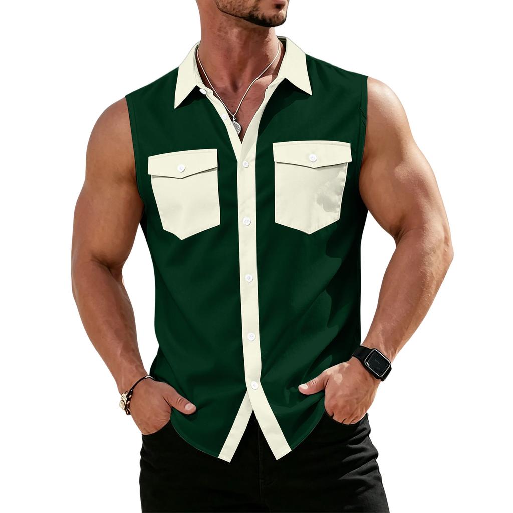 Men's Workwear Lapel Button-Down Vest Shirt - Lightweight Sleeveless Top