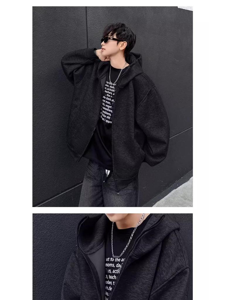 Autumn Men's Space Cotton Hooded Heavyweight Hoodie: Versatile Solid Color Jacket for Couples - Suitable for Spring and Autumn.