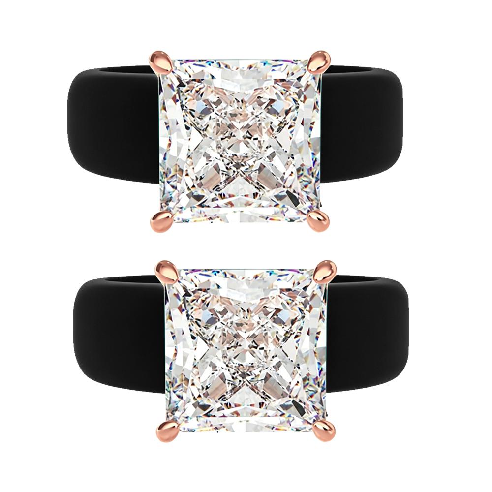 Princess Cut CZ Diamond Black Silicone Ring Set, 18K Rose Gold Plated Prong, Non-Toxic Wide Rubber Stackable Ring, Minimalist Ae