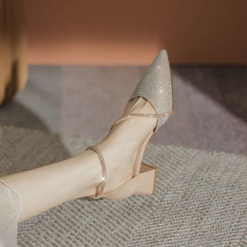 Coarse-heeled high-heeled shoes for women's 2025 new spring and autumn versatile pointed one-word buckle with rhinestones with skirt